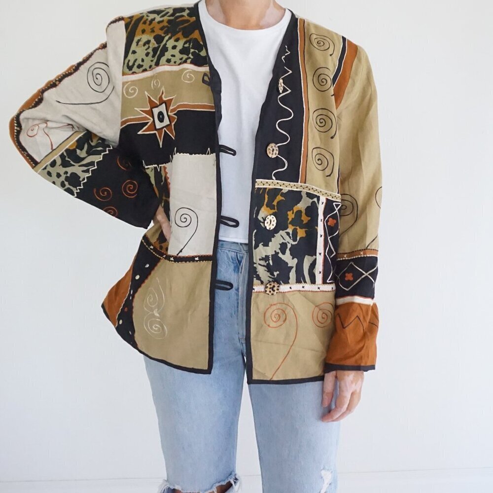 Vintage Indigo Moon Patchwork Abstract Tone Panel Art Lined Jacket Tribal Boho L